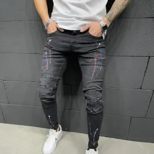 Men Casual Ripped Printed Denim Jeans