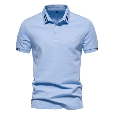 Men Short Sleeve Summer Lapel Stripe Cotton Polo Shirt