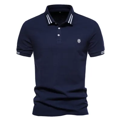 Men Short Sleeve Summer Lapel Stripe Cotton Polo Shirt