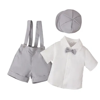 Kids Boys Summer Gentleman Suit Short-Sleeved Shirt Suspender Shorts Hat Three-Piece Outfit