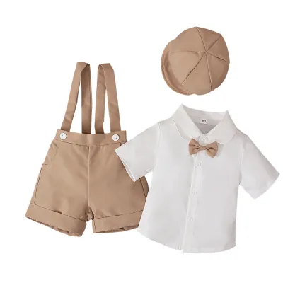 Kids Boys Summer Gentleman Suit Short-Sleeved Shirt Suspender Shorts Hat Three-Piece Outfit