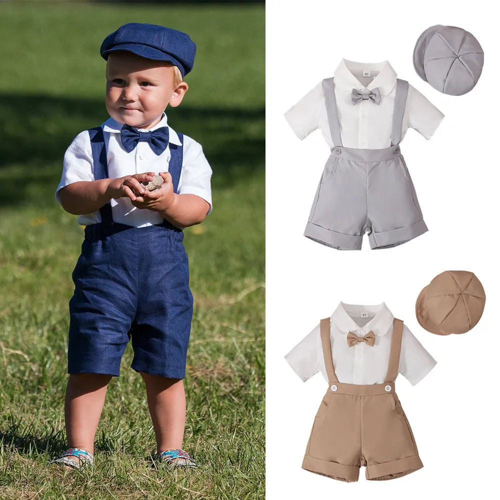 Kids Boys Summer Gentleman Suit Short-Sleeved Shirt Suspender Shorts Hat Three-Piece Outfit
