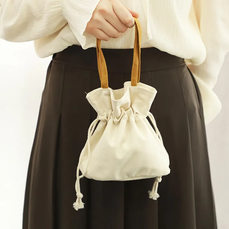 Fashion Simple Solid Color Drawstring Canvas Shopping Bag