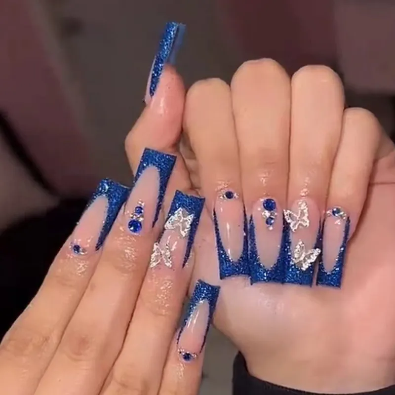 Women Fashion Long Butterfly Rhinestone Art Fake Nails