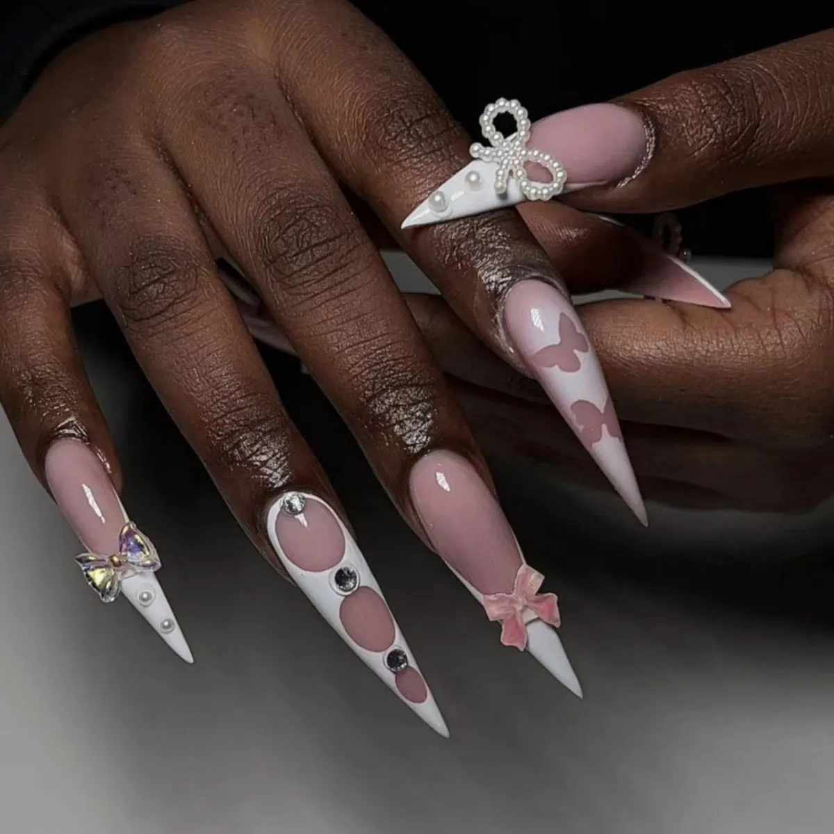 Women Fashion Long Pink Bow Pearl Art Fake Nails