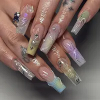 Women Fashion Simple White Edge Silver Glitter Wearable False Nails