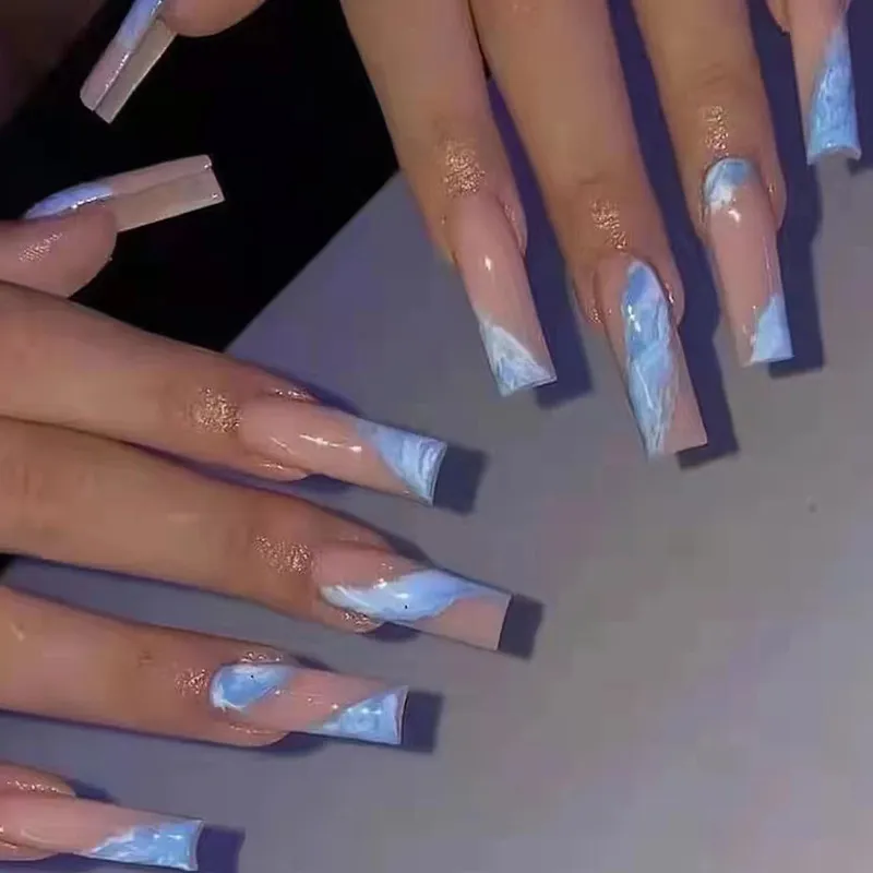 Wome Fashion Long Blue And White Color Fake Nails