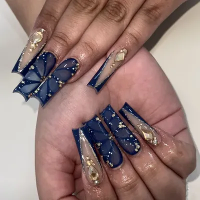 Women Fashion Long Glitter Rhinestone Fake Nails Butterfly Pattern