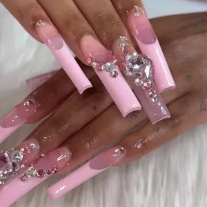 Women Fashion Long Pink Love Rhinestone Fake Nails 24pcs
