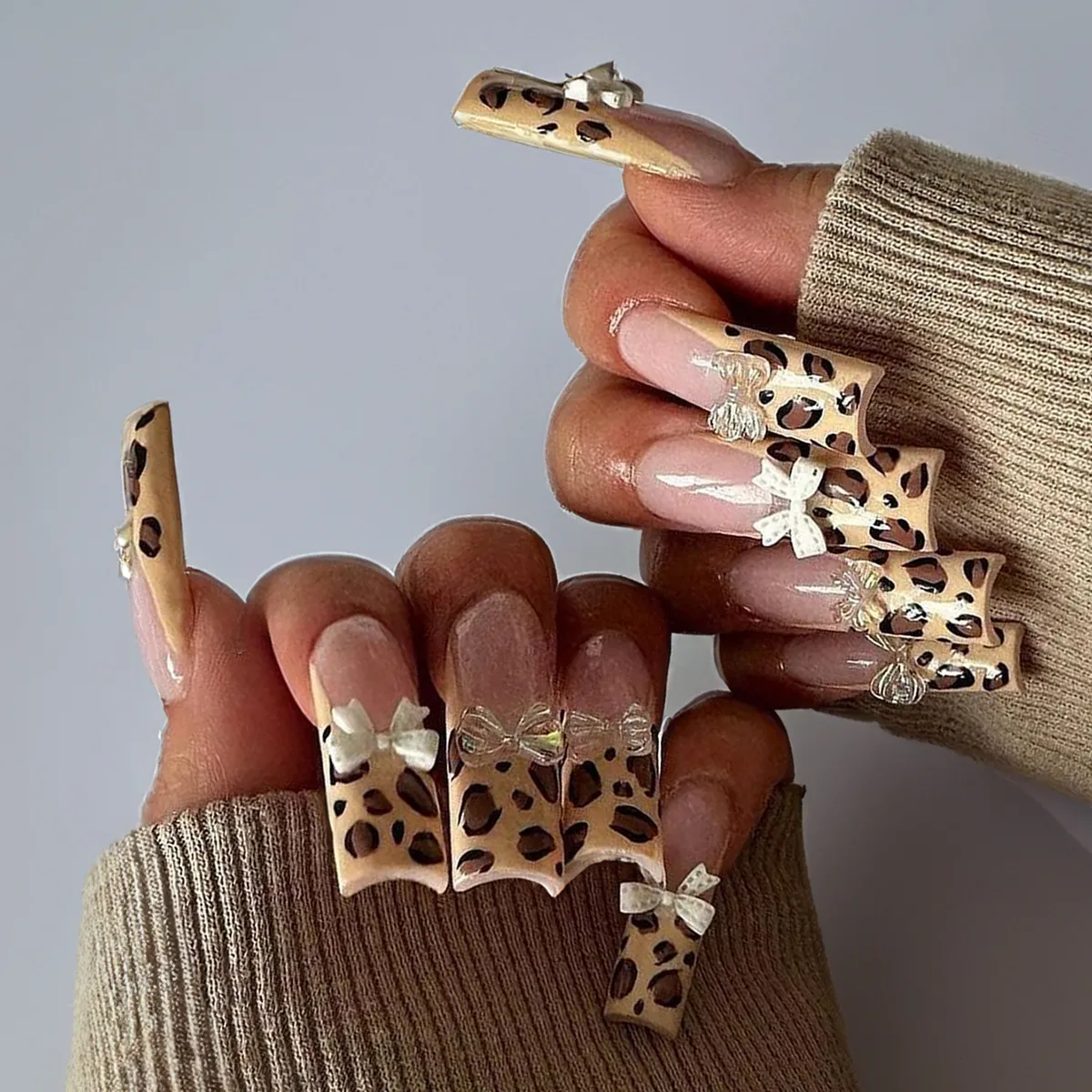 Women Fashion Leopard Bow Long Fake Nails