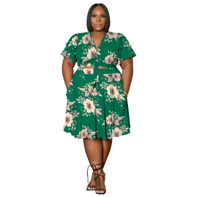 Women Fashion Casual Printed Plus Size V-Neck Ruffle Sleeve Lace-Up Crop Top Skirt Pocket Two-Piece Set