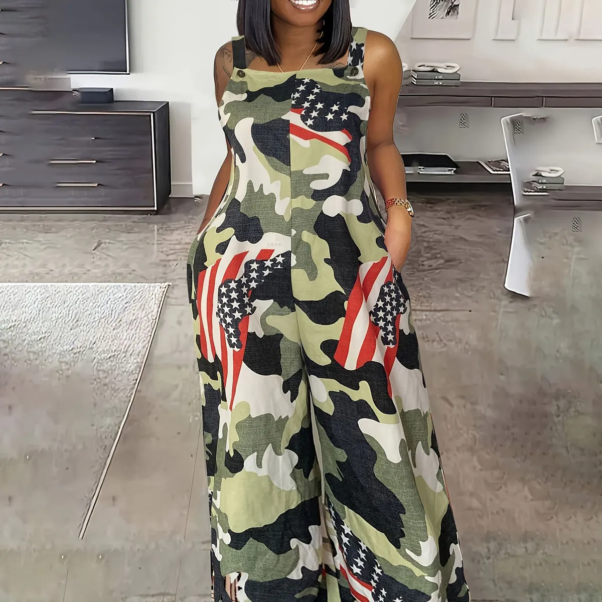 Women Plus Size Casual Tooling Wind Digital Printing Flag Element Sleeveless Jumpsuit
