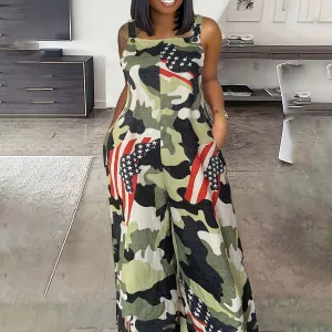 Women Plus Size Casual Tooling Wind Digital Printing Flag Element Sleeveless Jumpsuit