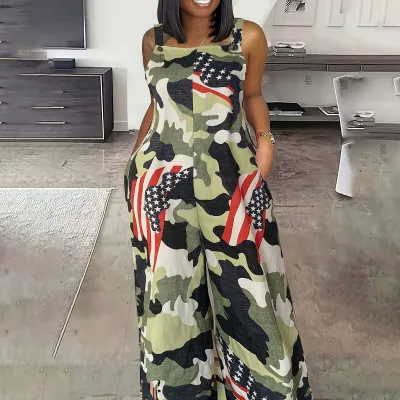 Women Plus Size Casual Tooling Wind Digital Printing Flag Element Sleeveless Jumpsuit