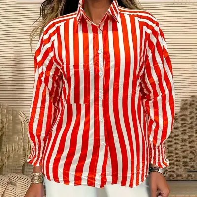 Women Fashion Casual Loose Plus Size Stripe Lapel Long-Sleeve Blouse
