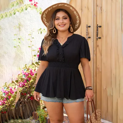 Women Fashion Casual Solid Color Plus Size V-Neck Short-Sleeve Blouse