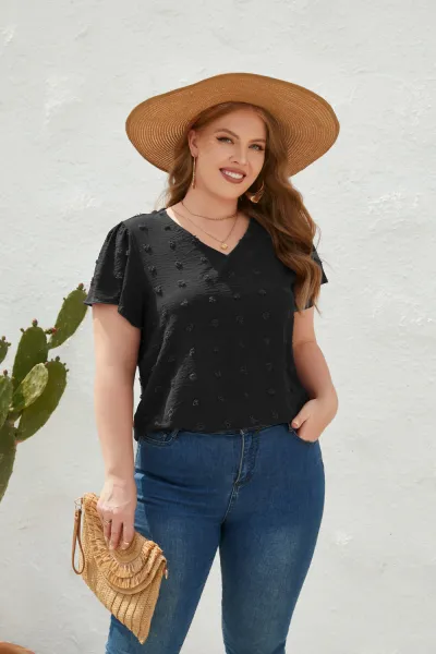 Women Casual Loose Plus Size Solid Color V-Neck Short-Sleeved T-Shirt