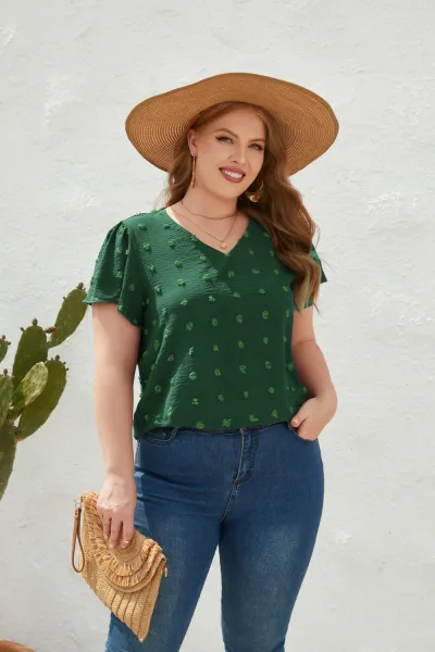 Women Casual Loose Plus Size Solid Color V-Neck Short-Sleeved T-Shirt