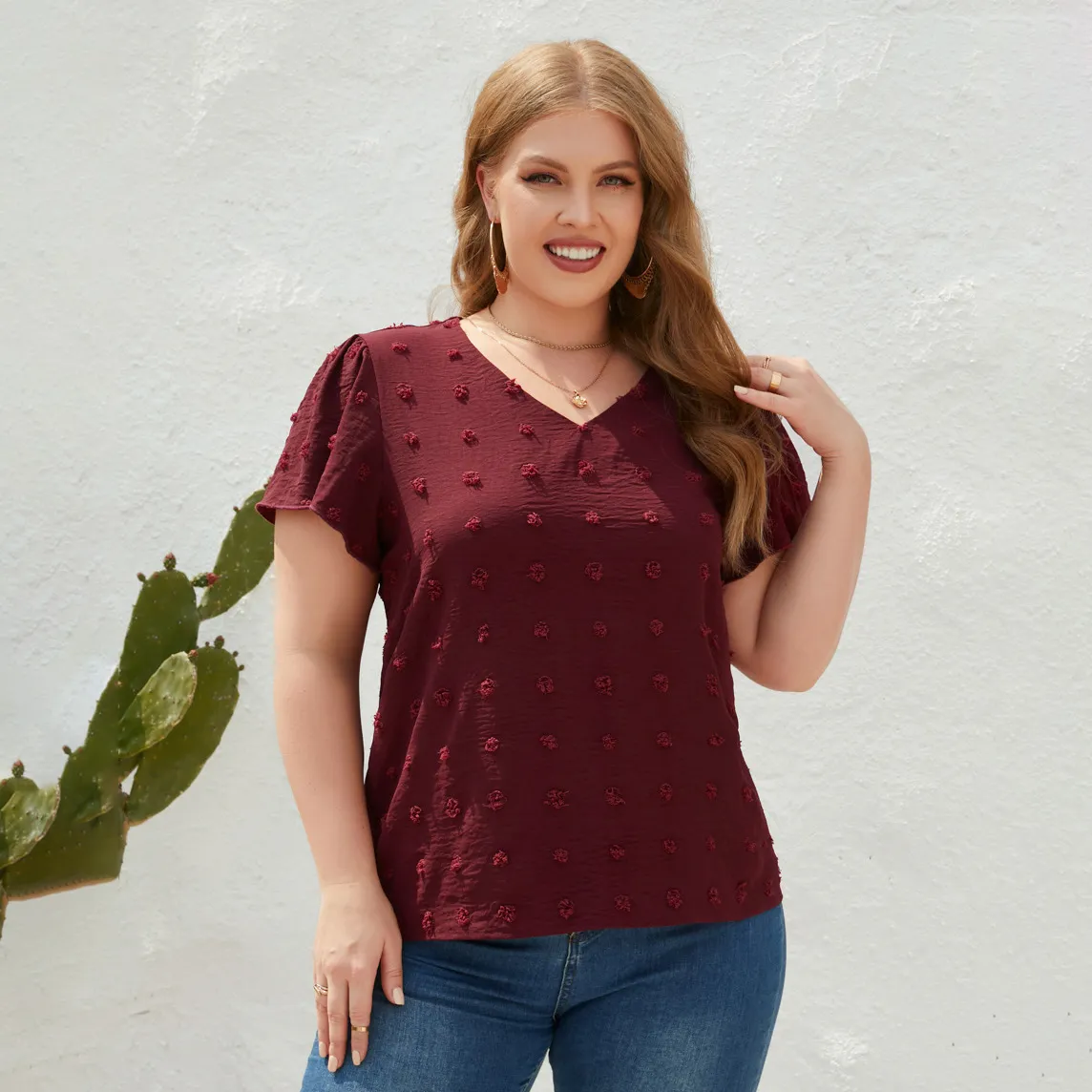 Women Casual Loose Plus Size Solid Color V-Neck Short-Sleeved T-Shirt