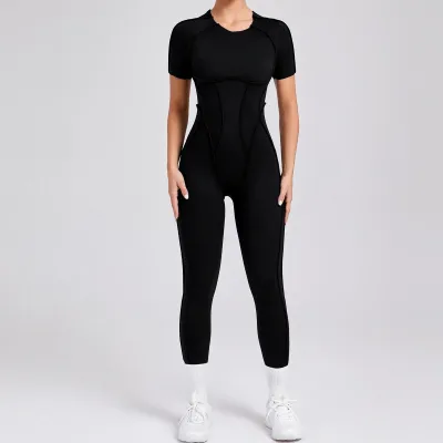 Women's Solid Color Short-Sleeve Backless One-Piece Yoga Sports Jumpsuit
