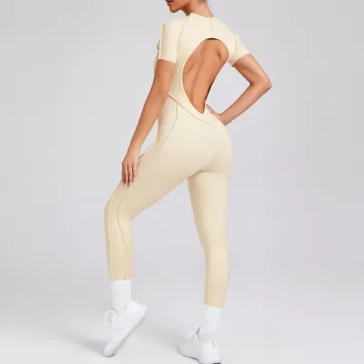 Women's Solid Color Short-Sleeve Backless One-Piece Yoga Sports Jumpsuit
