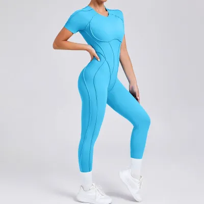 Women's Solid Color Short-Sleeve Backless One-Piece Yoga Sports Jumpsuit