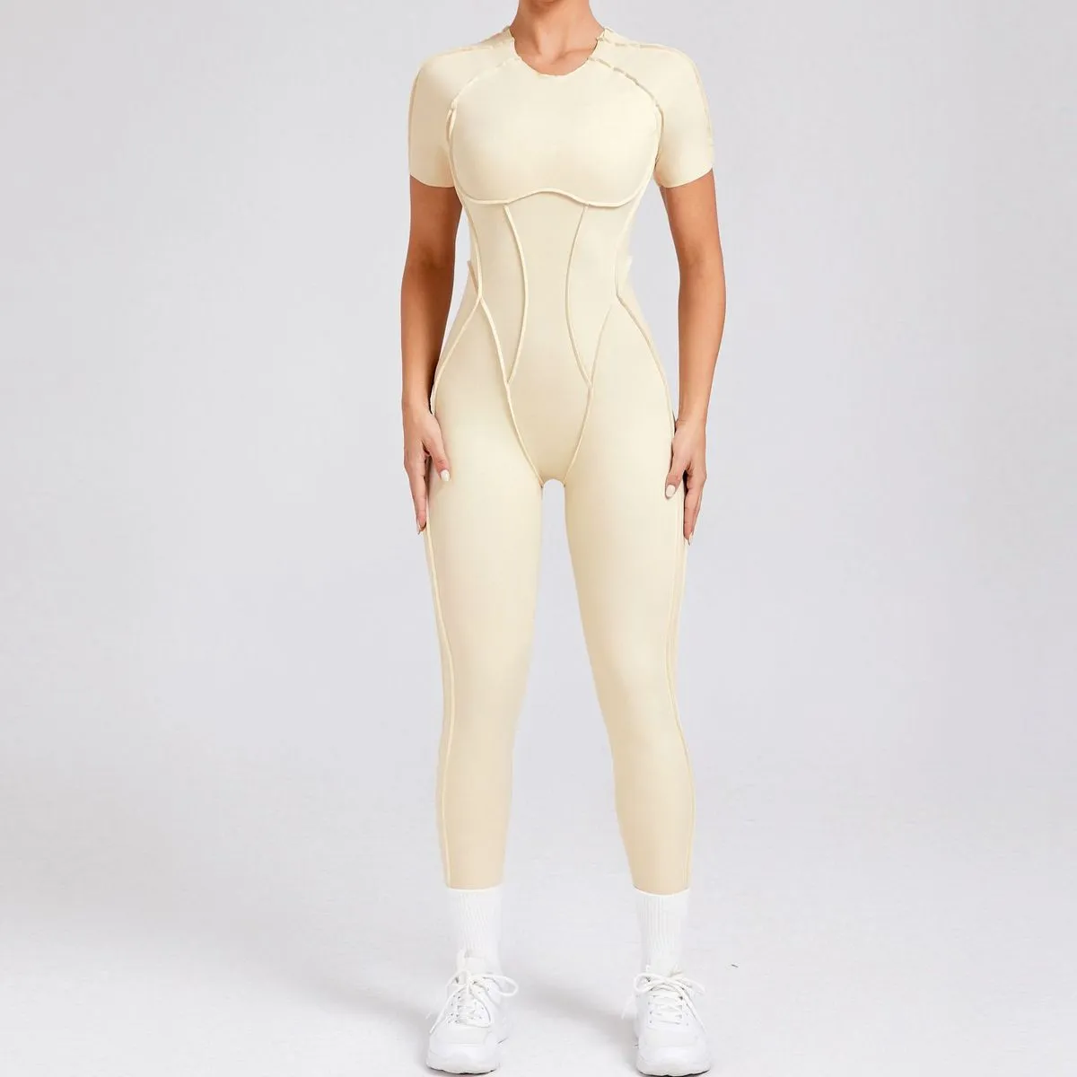Women's Solid Color Short-Sleeve Backless One-Piece Yoga Sports Jumpsuit