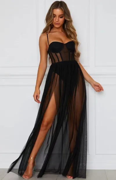 Women Sexy Mesh Thin Strap Split Long Dress