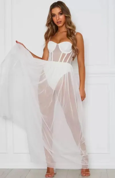 Women Sexy Mesh Thin Strap Split Long Dress