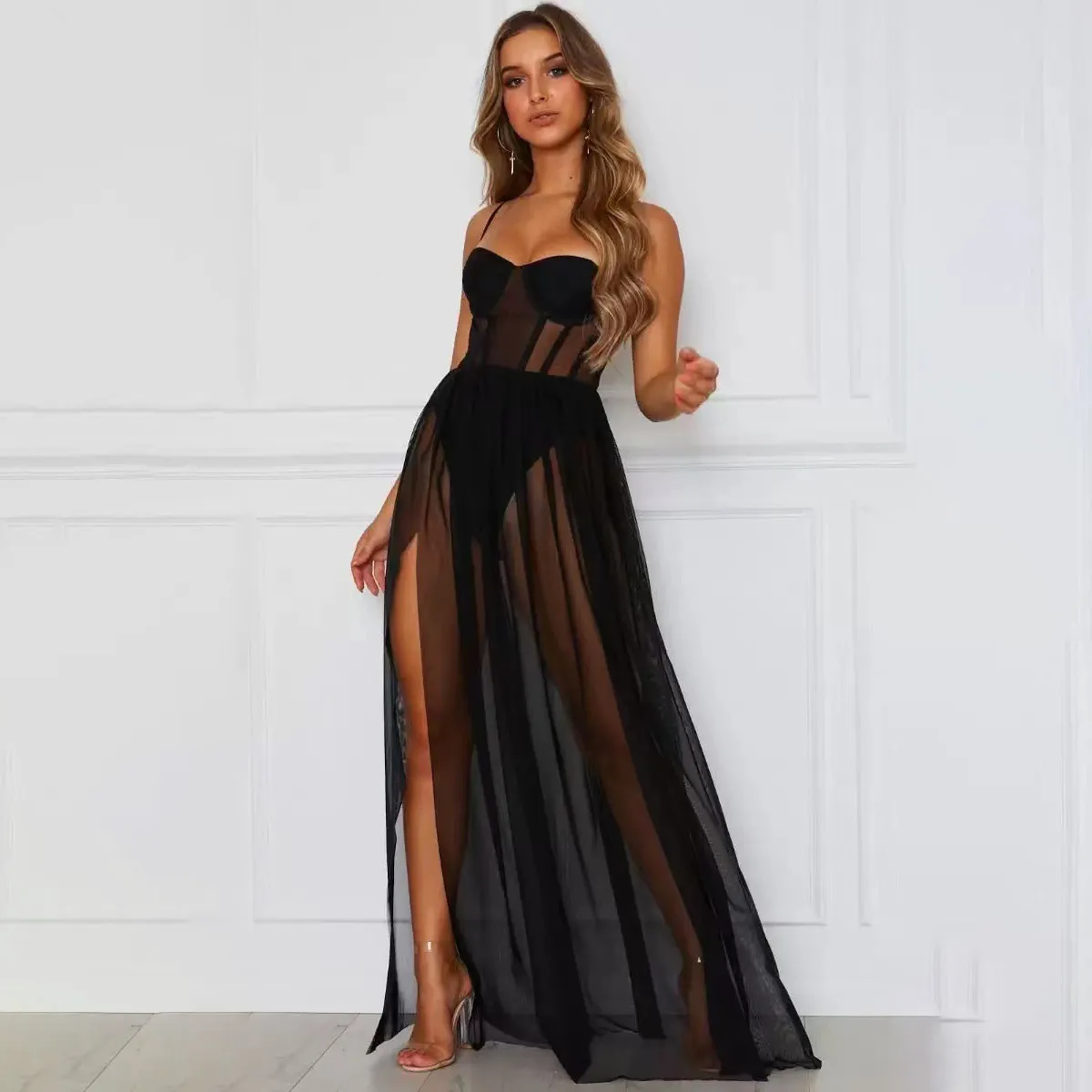 Women Sexy Mesh Thin Strap Split Long Dress