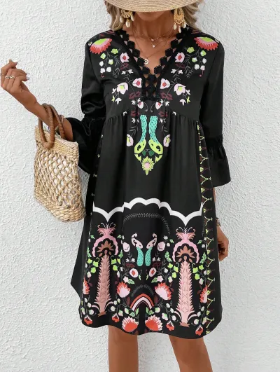 Women Fashion Casual Bohemian Floral Printed V-Neck Horn Sleeve Midi Dress