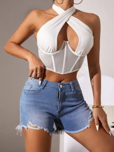 Women Fashion Sexy Mesh Stitching Halter-Neck Backless Lace-Up Corset Crop Top