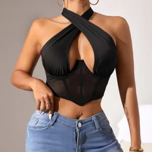 Women Fashion Sexy Mesh Stitching Halter-Neck Backless Lace-Up Corset Crop Top
