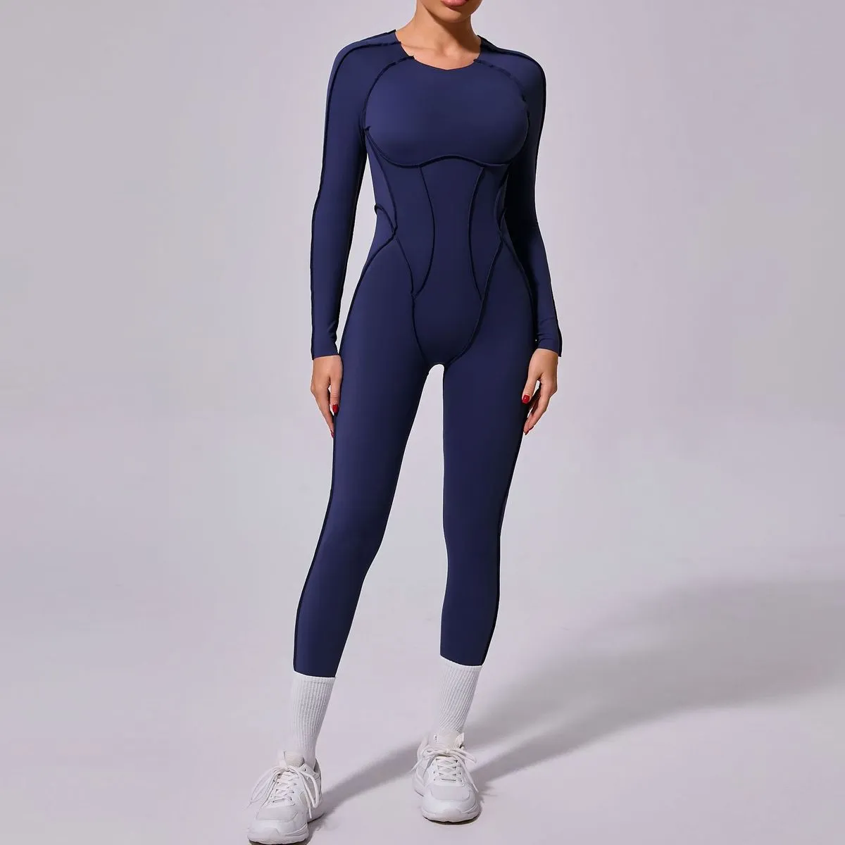 Women's Casual Solid Color Long-Sleeve Backless Yoga Jumpsuit