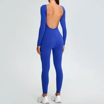 Women's Backless Quick-Dry Yoga Jumpsuit - Solid Color Long-Sleeved Tight Fit