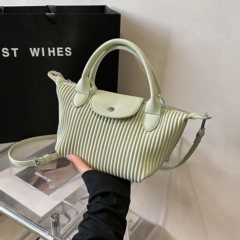 Women Fashion Solid Color Pleated Large Capacity Handbag PU Tote Bag