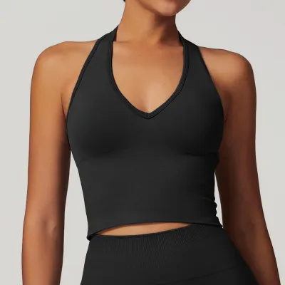 Women Fashion Sexy Solid Color Breathable Halter-Neck Yoga Sports Bra