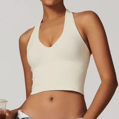 Women Fashion Sexy Solid Color Breathable Halter-Neck Yoga Sports Bra