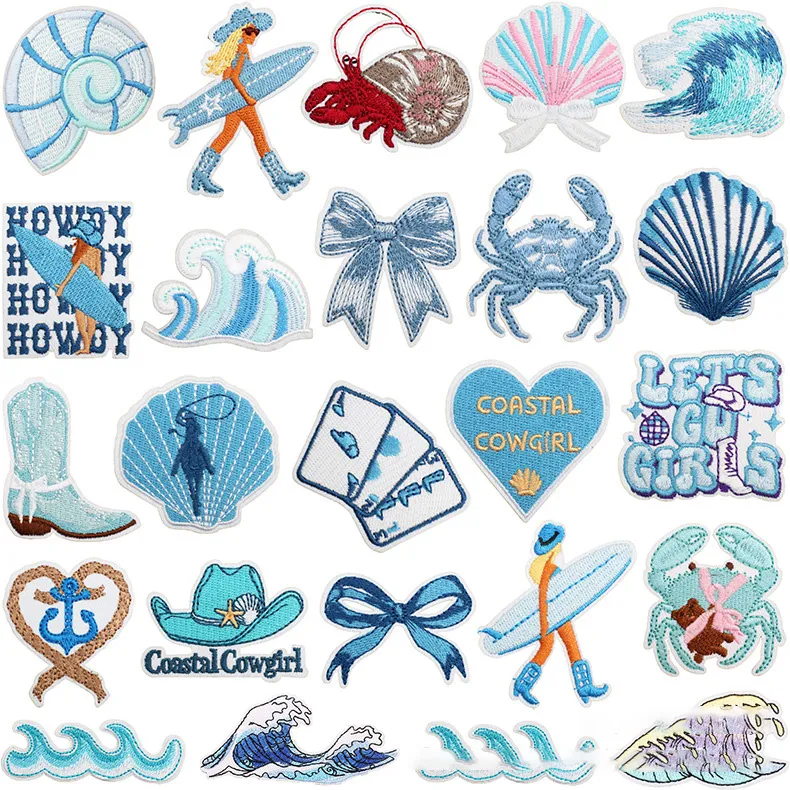Blue Theme Waves Hermit Crab Embroidered Cloth Stickers Decorative Accessories