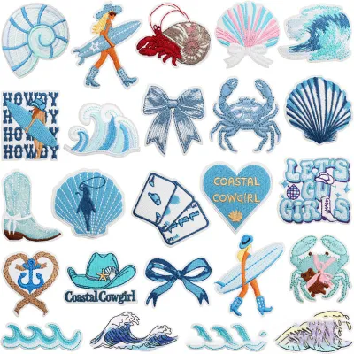 Blue Theme Waves Hermit Crab Embroidered Cloth Stickers Decorative Accessories