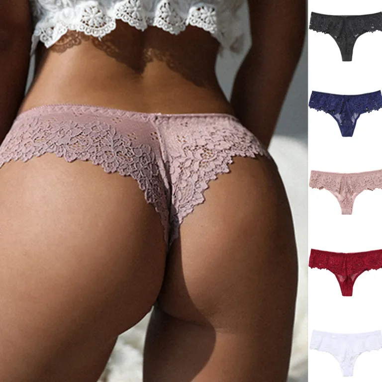 Women Sexy Solid Color Lace Low Waist Hollow-Out Thong