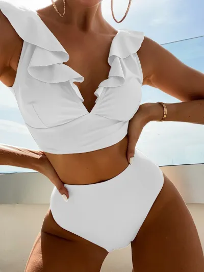 Women's Sexy Solid Color V-Neck Ruffle Tankini Swimsuit