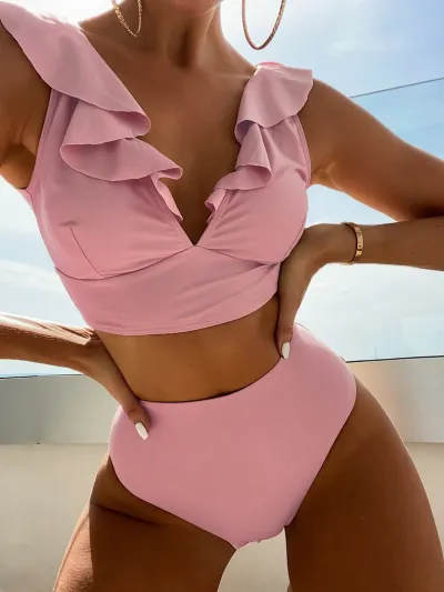 Women's Sexy Solid Color V-Neck Ruffle Tankini Swimsuit