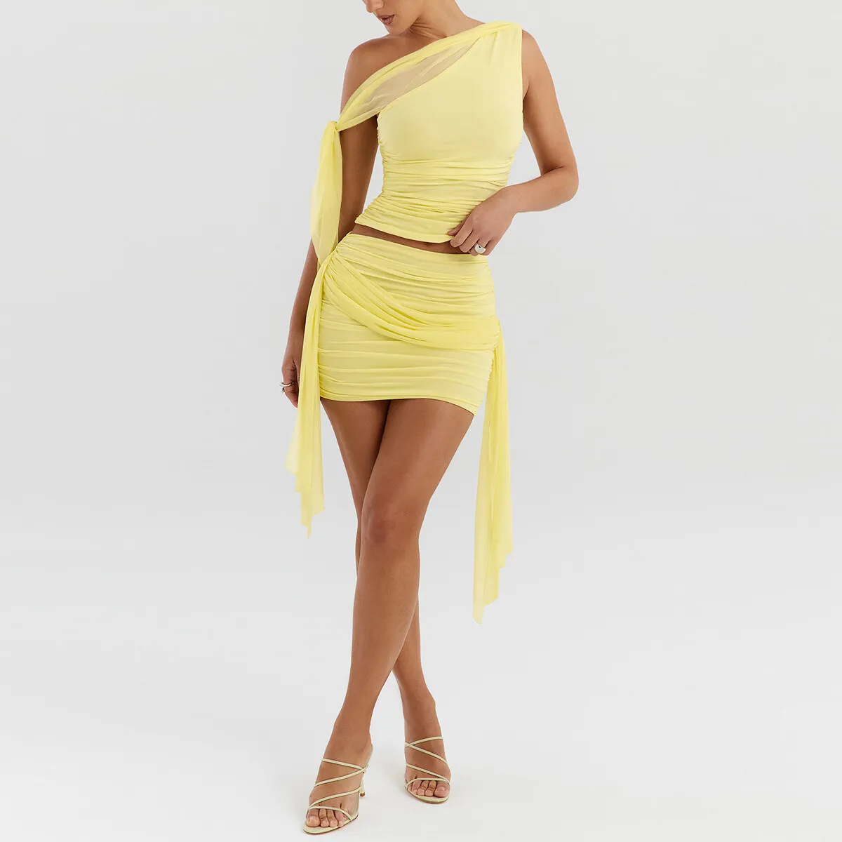 Women Sexy Mesh Stitching Pleated Slanted Shoulder Sleeveless Top Slim-Fit Skirt Two-Piece Set