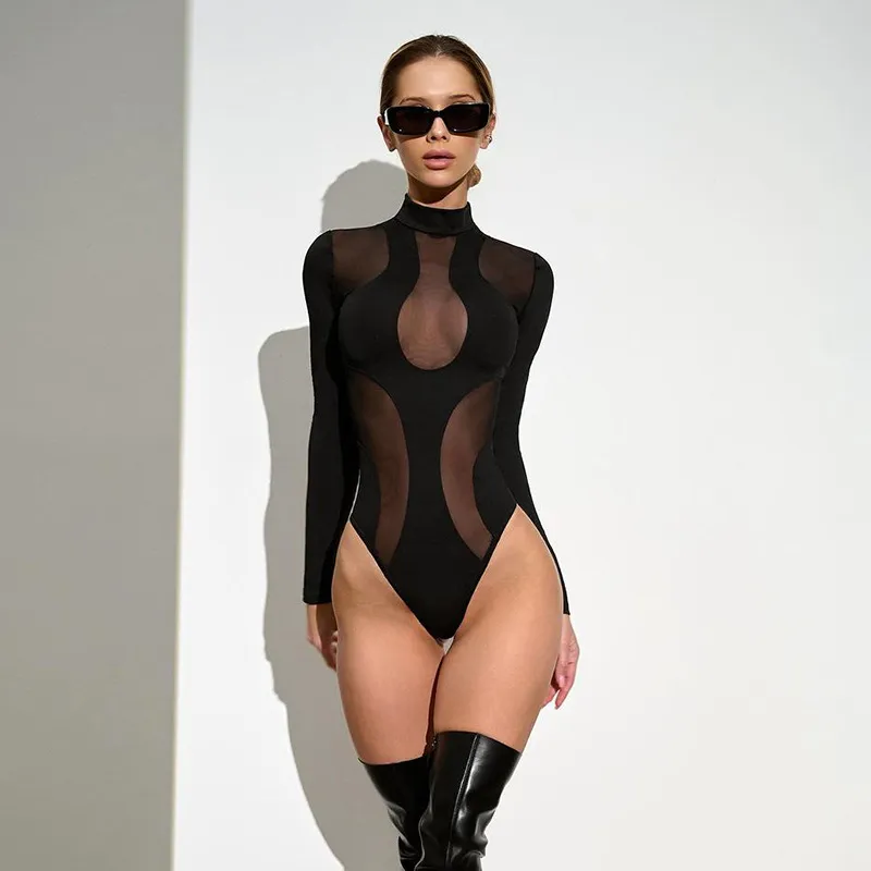 Women Fashion Sexy Perspective Mesh Stitching Long-Sleeved Tight Bodysuit