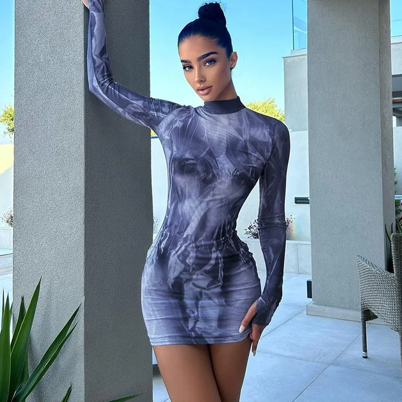 Women Fashion Sexy Abstract Print Round Neck Long Sleeve Slim-Fit Dress