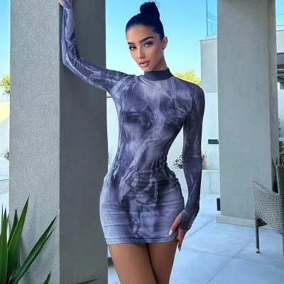 Women Fashion Sexy Prined Round Neck Long Sleeve Slim-Fit Dress