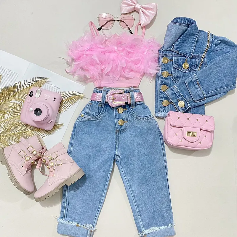 Kids Girls Solid Color Sling Top Jeans Set Two-Piece Cotton Pullover Long Pants Sleeveless