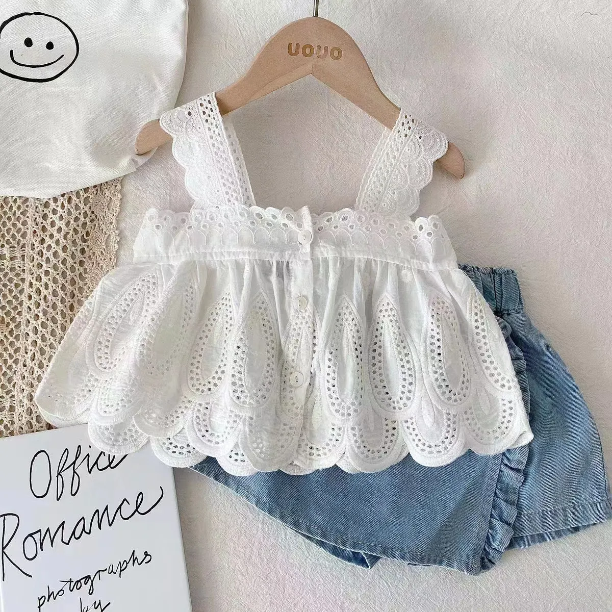 Kids Toddler Girl Summer Lace Tank Top Denim Shorts Set Two-Piece