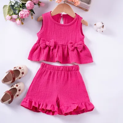 Summer Girls Sweet Cute Bow Cotton Tank Top Shorts Ruffled Set